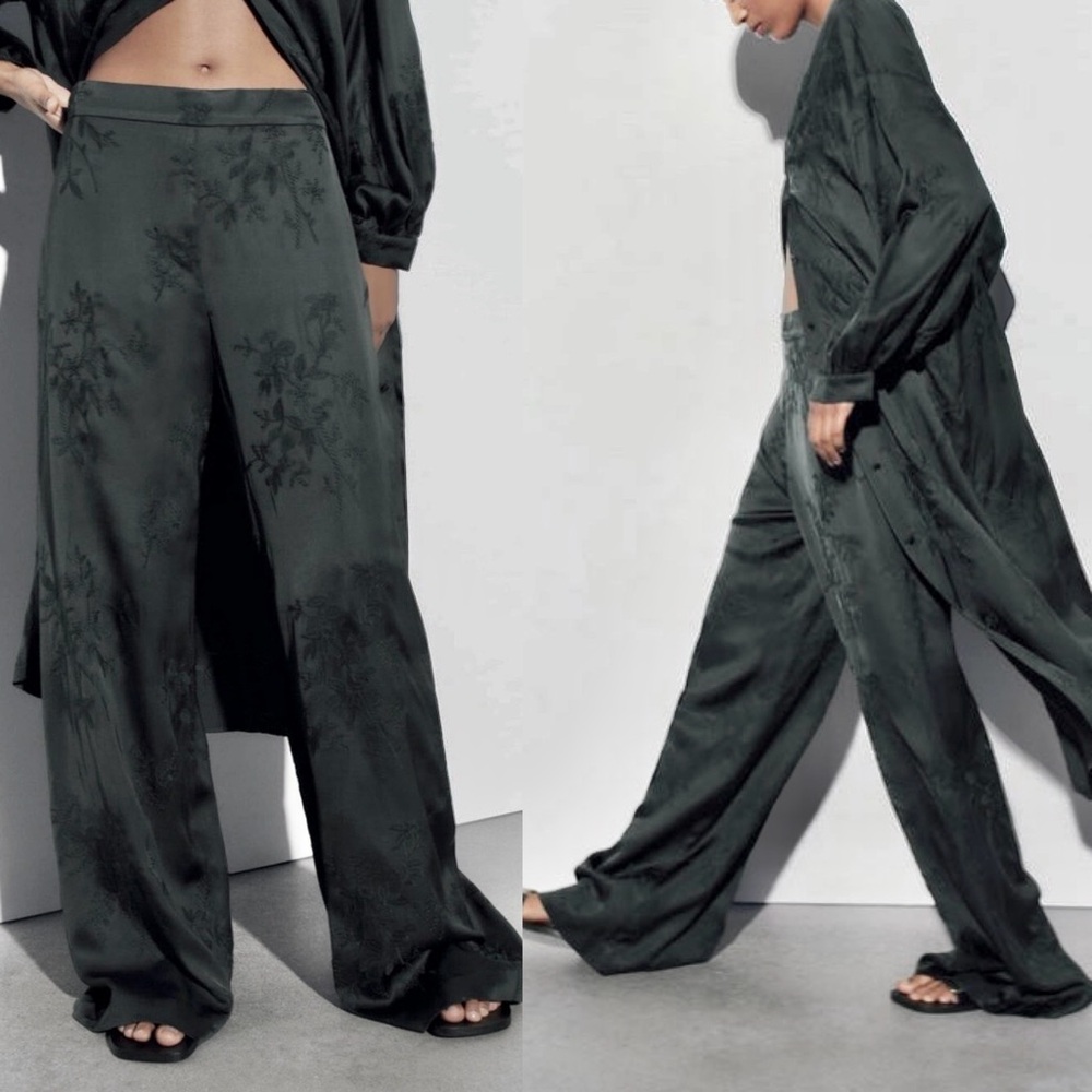 Zara NWT dark hunter green embroidered floral satin wide straight leg pants